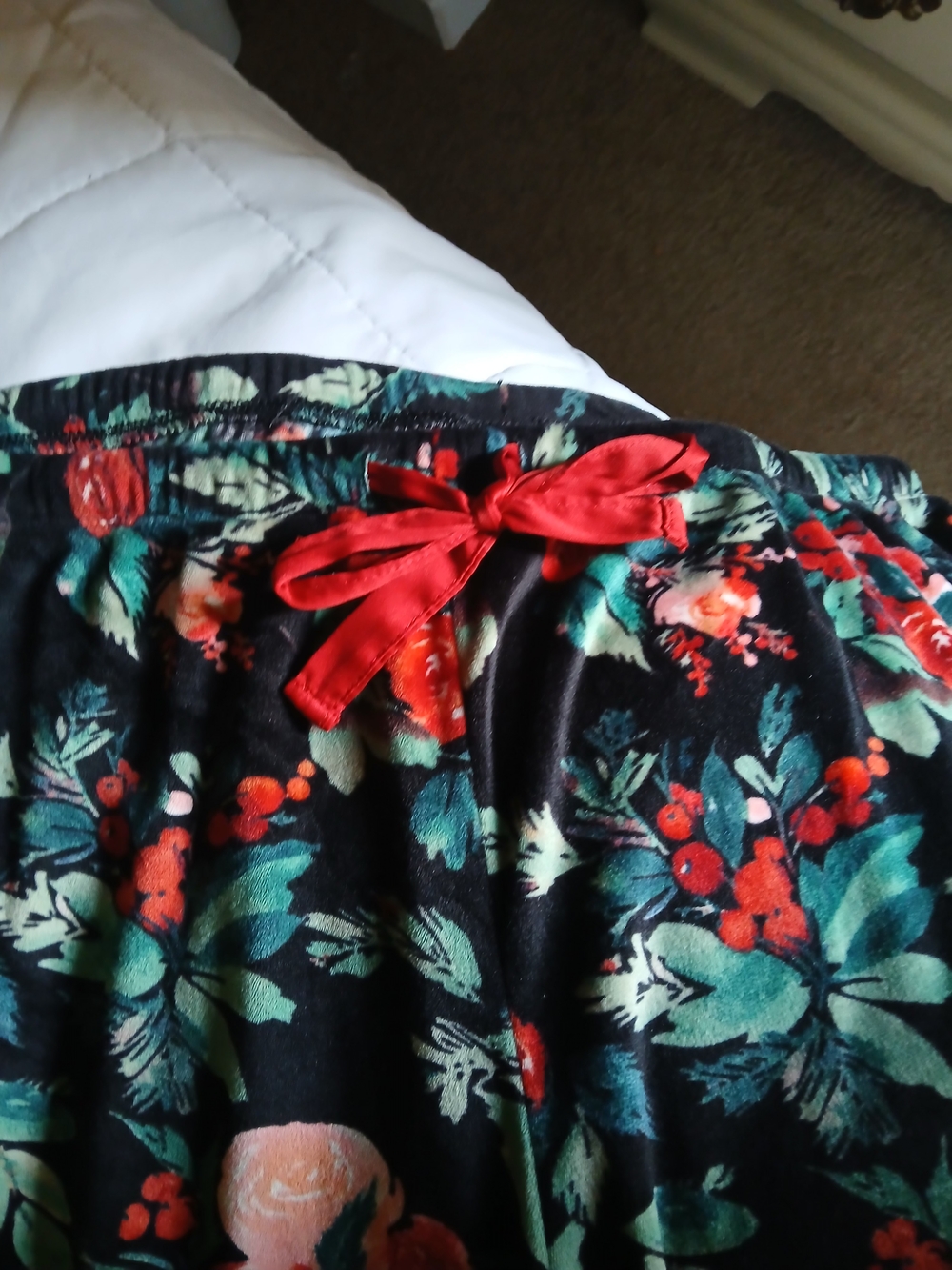stars above Black Floral Pajama Pants with Red, Green & Peach Flowers - Picture 3 of 5